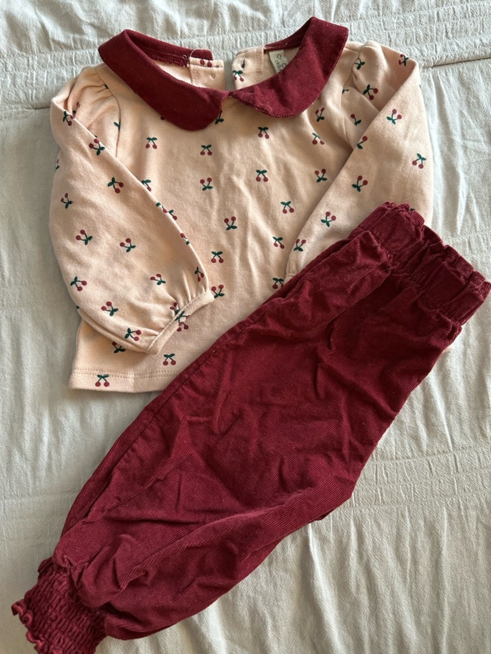 Girls organic Two-Piece Cherry Print Top & Burgundy Corduroy Pants